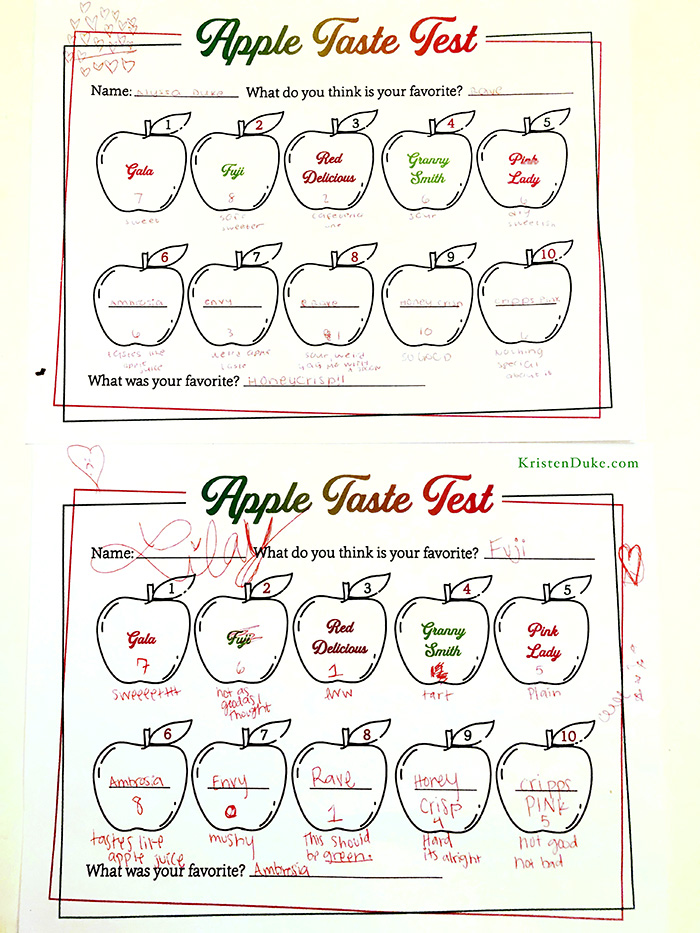 apple taste test score card