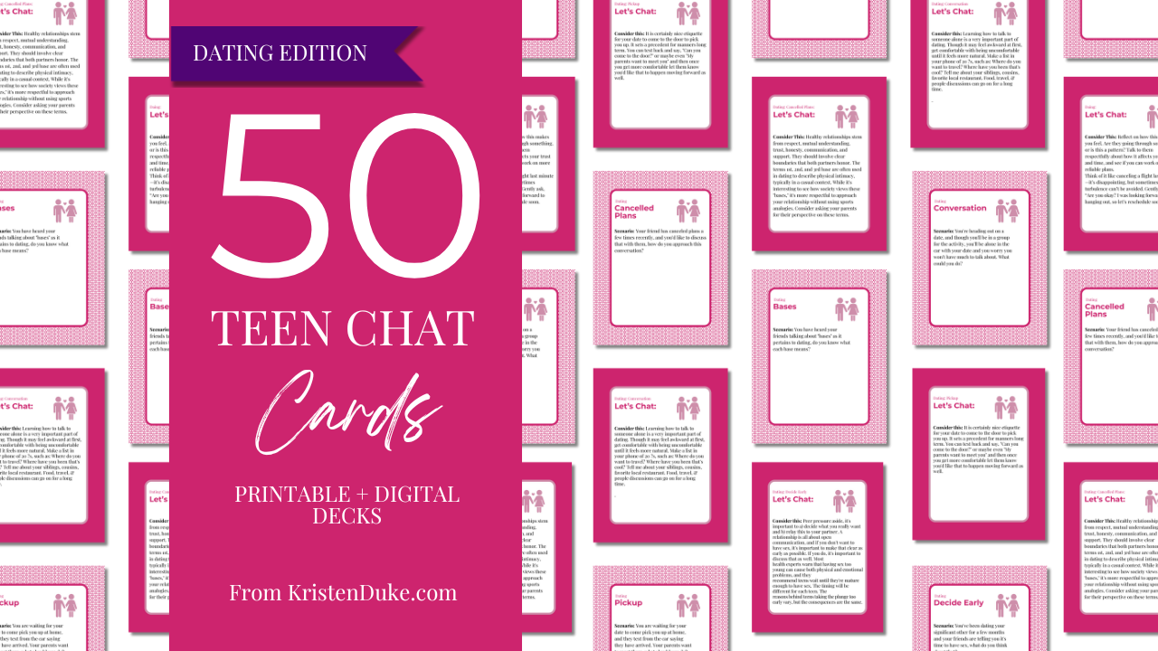 Picture of the front and back of multiple pink cards with the purpose of helping parents give good teen relationship advice.