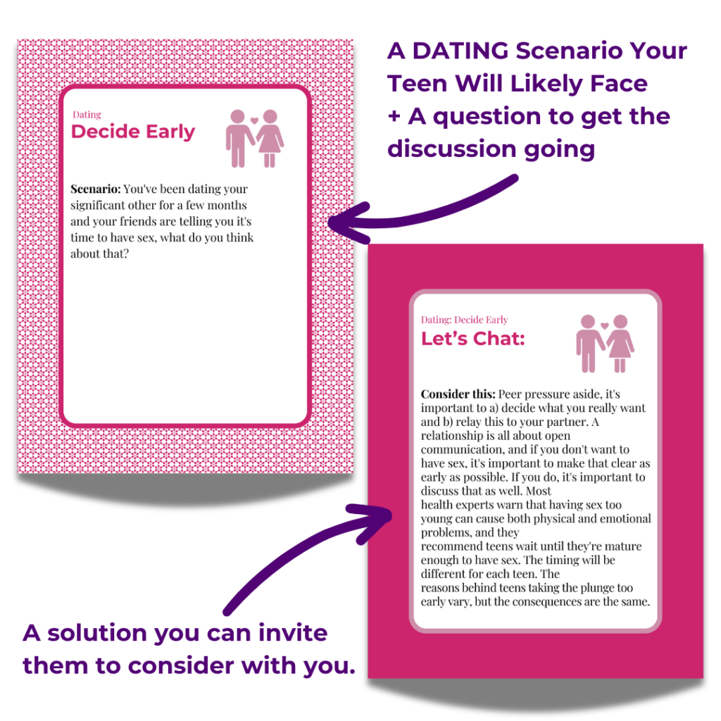 Front and back of a Teen Chat Card - helping parents give their teens relationship advice.